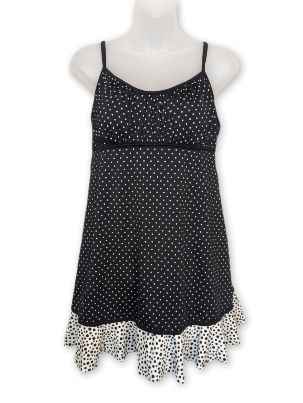 Mainstream Polka Dot Swim Dress Size 14 Black White Ruffle Hem Retro One Piece